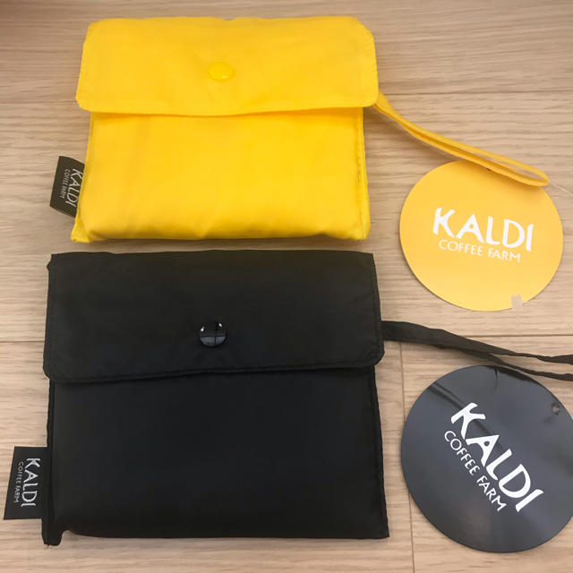 KALDI(カルディ)のKALDI カルディオリジナル  エコバッグ ブラック イエロー 2点 レディースのバッグ(エコバッグ)の商品写真