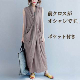 可愛い✨カシュクール リネン素味 前クロスギャザーワンピ ポケット付き 3XL(ロングワンピース/マキシワンピース)