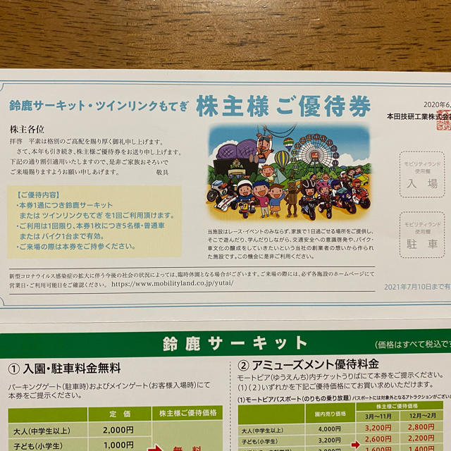 ホンダ(ホンダ)の本田技研工業　株主優待　鈴鹿サーキット・ツインリンクもてぎ　ご優待券　1枚 チケットの施設利用券(遊園地/テーマパーク)の商品写真