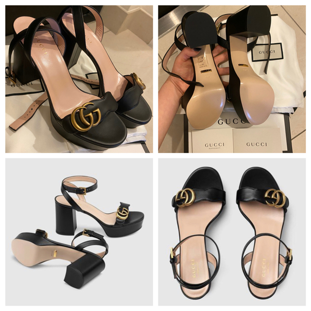 GUCCI レザーミッドヒールプラットフォームスライドサンダル-