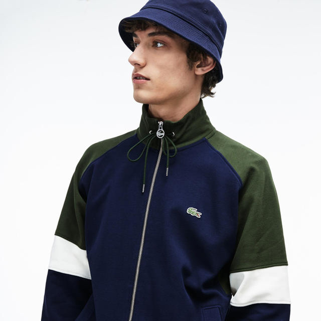 トップスLACOSTE スタンドアップネックカラーブロックピケフリースジップ