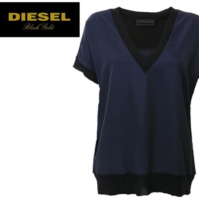 DIESEL(ディーゼル)のディーゼルブラックゴールドVネックドルマンスリーブカットソー、ネイビー×ブラック レディースのトップス(その他)の商品写真