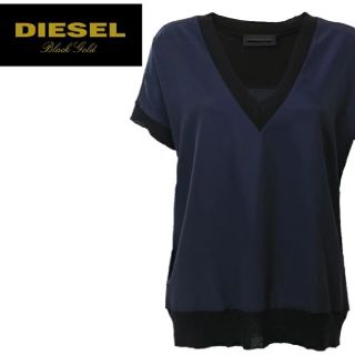 ディーゼル(DIESEL)のディーゼルブラックゴールドVネックドルマンスリーブカットソー、ネイビー×ブラック(その他)