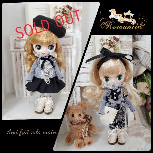 SOLD????プチブライス♡アウトフィット♡着回しセット♡花柄サロペット♡ブラック人形