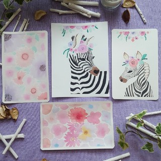 【水彩画】花と動物(D-2)4種類セット　ポストカード　花や動物の絵　シマウマ(絵画/タペストリー)