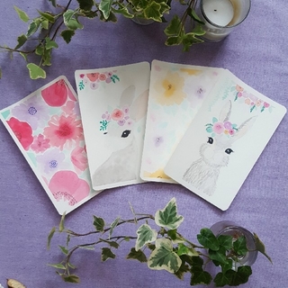 【水彩画】花と動物(D-4)4種類セット　ポストカード　花や動物の絵　ウサギ(絵画/タペストリー)