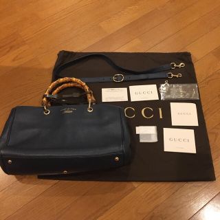 グッチ(Gucci)のGUCCI バンブーショッパーレザートートバッグ ネイビー 正規店購入(トートバッグ)