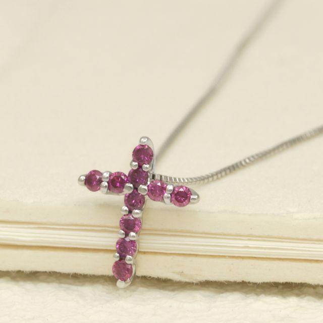 ピンクダイヤが輝くクロスデザインネックレスK18WG 出産祝い www