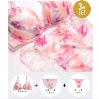 新品EFあり三点セット水彩フラワーブラジャーショーツTバックセット(ブラ&ショーツセット)