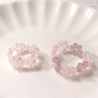 ピンク　パープルリング　ビーズリング　비즈반지　ハンドメイド(リング)