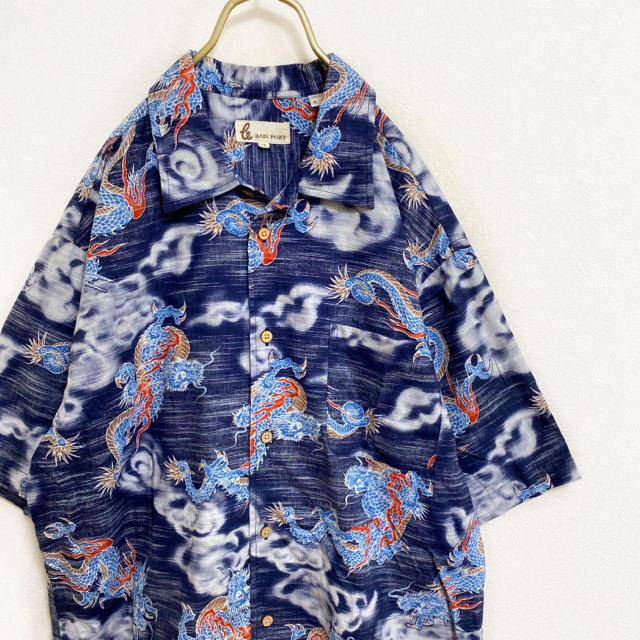 【90s】アニマル柄 オープンカラーシャツ ドラゴン 龍 メンズ XL ネイビー メンズのトップス(シャツ)の商品写真