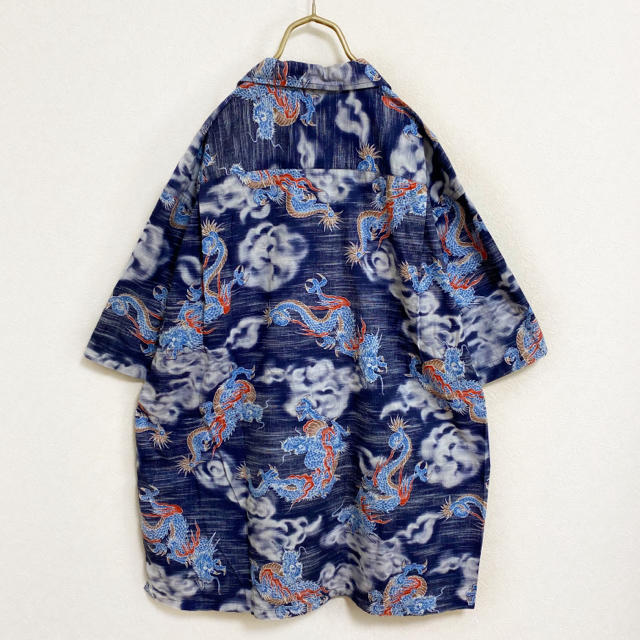 【90s】アニマル柄 オープンカラーシャツ ドラゴン 龍 メンズ XL ネイビー メンズのトップス(シャツ)の商品写真