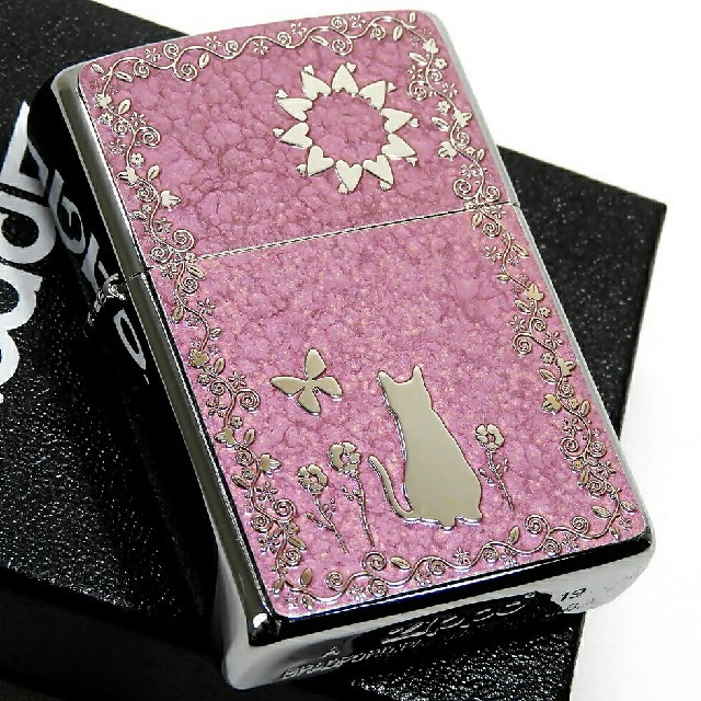 送料無料☆zippo☆両面加工☆キャット＆フラワーガーデン☆ピンク☆ジッポ