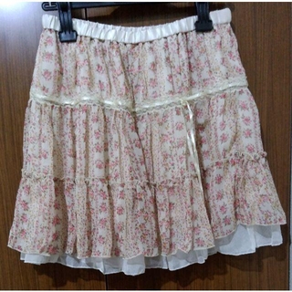 小花柄のフレアスカート☆白 ピンク リボン フリル シフォン 裏地付 未使用(ひざ丈スカート)