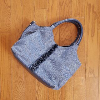 ギンザカネマツ(GINZA Kanematsu)のデニムレザーコンビハンドバッグショルダーバッグビーズ刺繍ビジュー③(ハンドバッグ)