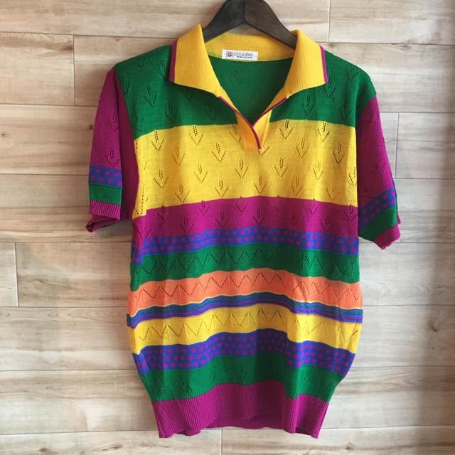 ブルー】 古着 vintage ビンテージ ニット Tシャツ ポロシャツ 総柄