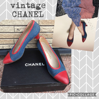 シャネル(CHANEL)のシャネル　レザー　デニム  サンダル　ヴィンテージ  ローヒール　美品　赤(サンダル)