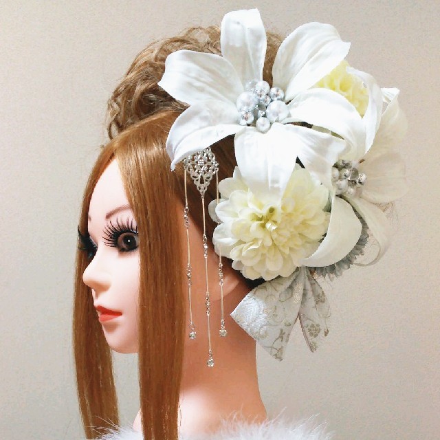 髪飾りViVi ～シルバー系・百合&ダリア～ 成人式 結婚式 花魁 かんざし 1