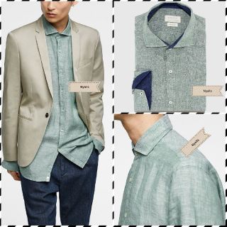 ザラ(ZARA)のZARA MAN★リネン★ワイドカラー★ミントグリーン★イタリアン★ネイビー裏地(シャツ)