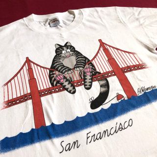 アートヴィンテージ(ART VINTAGE)のUSA製 クリバンキャット 釣り 猫 tシャツ 海外古着 ネコt 猫t 橋 魚(Tシャツ/カットソー(半袖/袖なし))