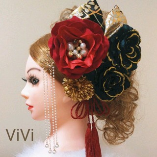 髪飾りViVi ～赤×黒薔薇・豪華蝶のパール簪～ 成人式 結婚式 花魁 かんざし(その他)