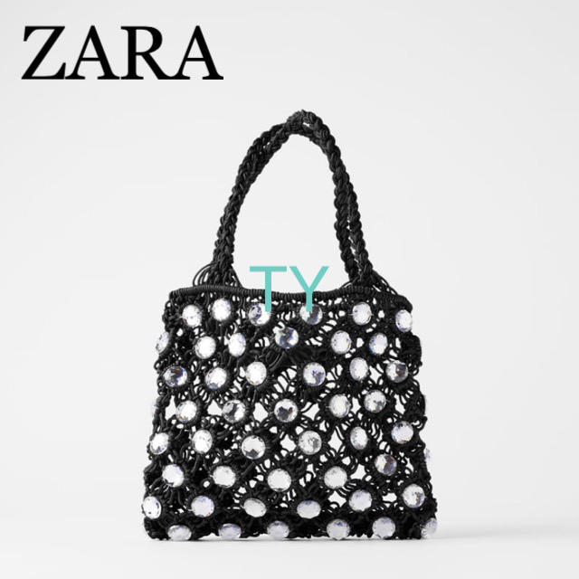 ZARA(ザラ)の完売品 ザラ ラインストーン ミニバスケット バッグ 編み込み ビジュー 黒 レディースのバッグ(ハンドバッグ)の商品写真