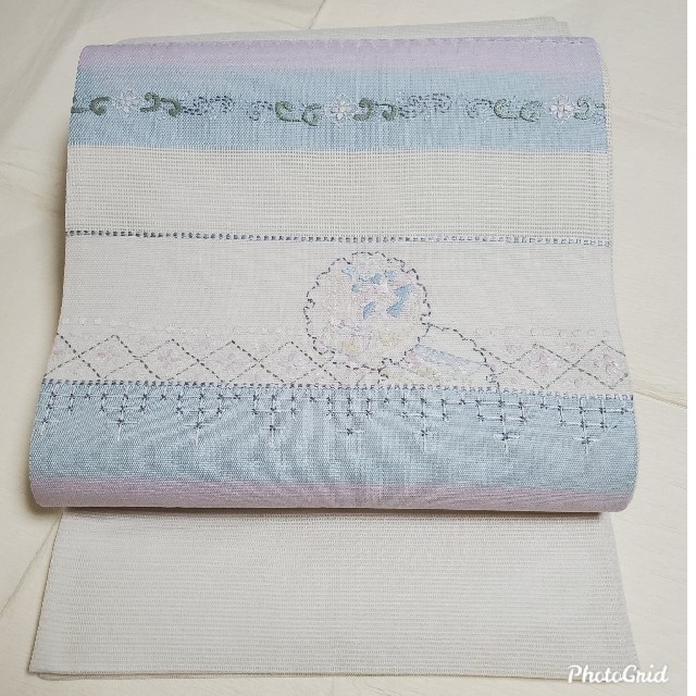 夏物 正絹袋帯　お太鼓柄　雪輪 刺繍