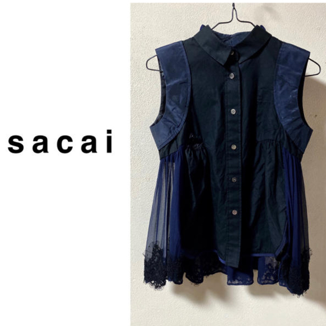 sacai(サカイ)のsacai 異素材切り替えノースリーブ ブラウス ネイビー レディースのトップス(シャツ/ブラウス(半袖/袖なし))の商品写真