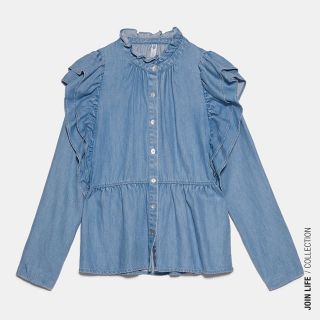 ザラ(ZARA)のZARA フリル付きデニム トップス　S (シャツ/ブラウス(長袖/七分))