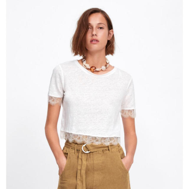 ZARA(ザラ)の新品 ZARA レースリネンTシャツ レディースのトップス(Tシャツ(半袖/袖なし))の商品写真