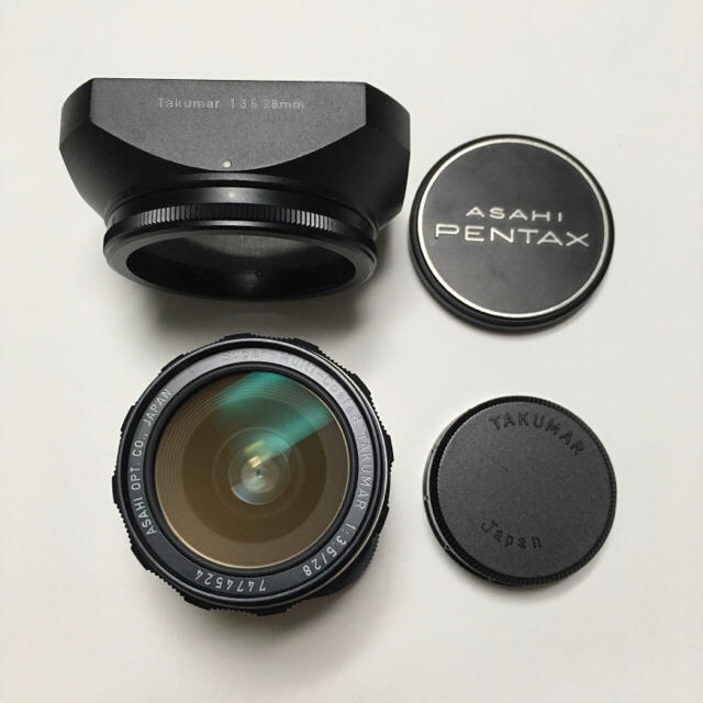 美品 TAKUMAR 28mm F3.5 前後CAP 角型フード付　タクマー