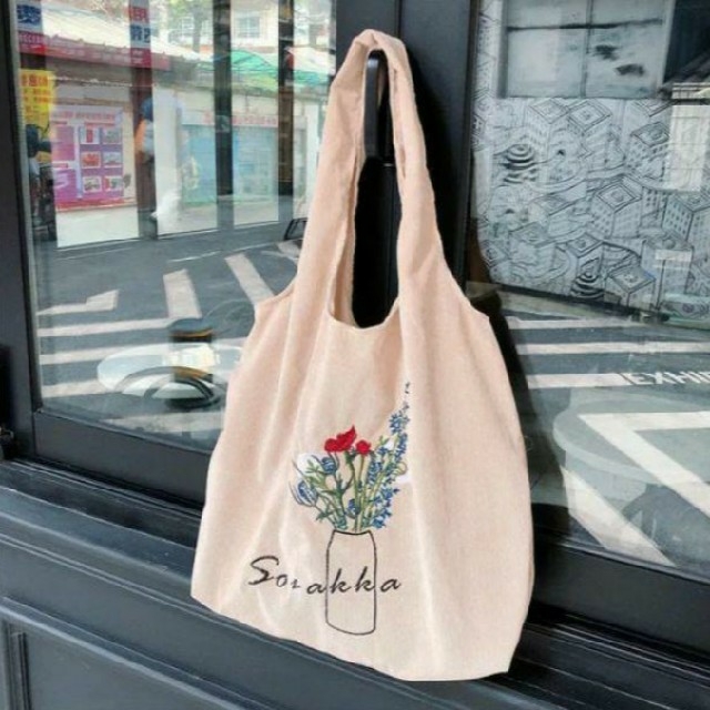 コーデュロイ トートバッグ 花柄 ボタニカル 刺繍 エコバッグ 韓国 レディースのバッグ(エコバッグ)の商品写真