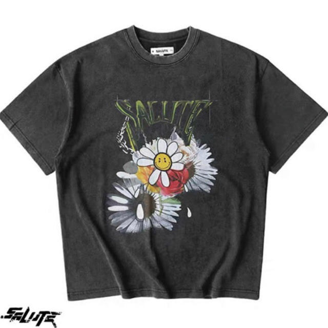 SALUTE WASHED FLOWER VINTAGE T-SHIRT S 黒