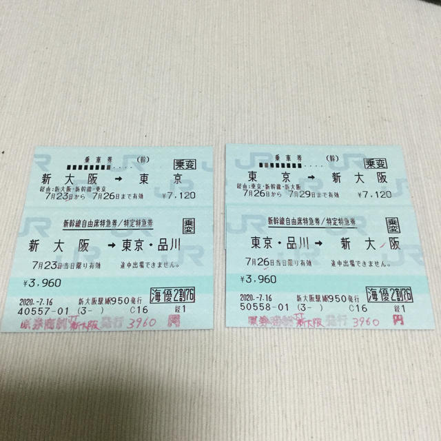 東京⇄大阪 新幹線・乗車券・指定特急券!