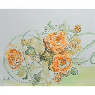 オレンジ色の花　水彩画　手描き(絵画/タペストリー)