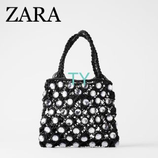 ザラ(ZARA)の完売品 ザラ ラインストーン ミニバスケット バッグ 編み込み ビジュー 黒(ハンドバッグ)