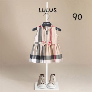 リボン付き ヴィンテージチェックワンピース 夏服 キッズ ドレス 子供服 女の子(ワンピース)