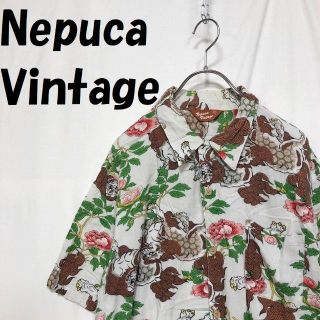 Nepuca Vintage 和柄 アロハシャツ 獅子 レーヨン ホワイト L(シャツ)
