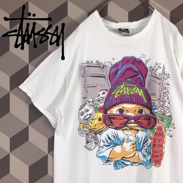 ギフト箱入り 希少 Stussy Pound コラボ イラスト Tシャツ 旧タグ 白 M 電池おまけ付 メンズ トップス Roe Solca Ec