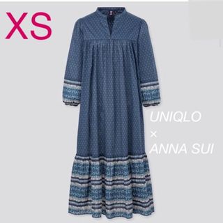 ユニクロ(UNIQLO)の新品 ユニクロ アナスイ 七分袖 コットンワンピース XS 紺 navy 綿(ロングワンピース/マキシワンピース)