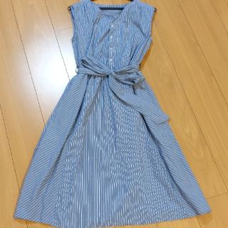 ロペピクニック(Rope' Picnic)の【美品】ワンピース　サックスブルー　ストライプ　リボン取外し可能　L　膝下(ひざ丈ワンピース)