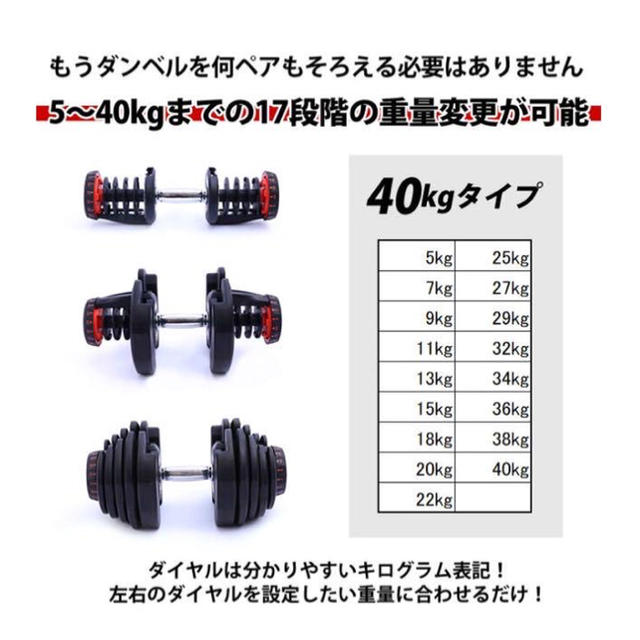 可変式ダンベル 40kg 2個セット 鉄アレイ アジャスタブルダンベル 筋トレ