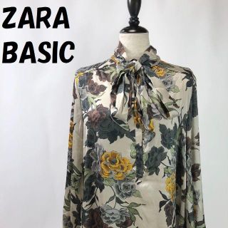 ZARA   人気ザラベーシック 花柄 長袖ボウタイシャツ ブラウス