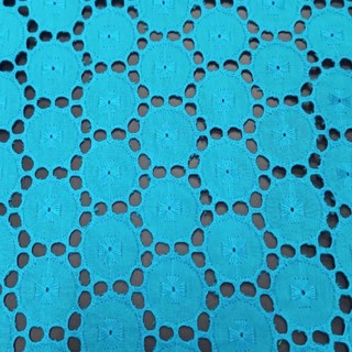 国産　綿100%　高級　コットン　サークル　レース　刺繍　54×50　ブルー(生地/糸)
