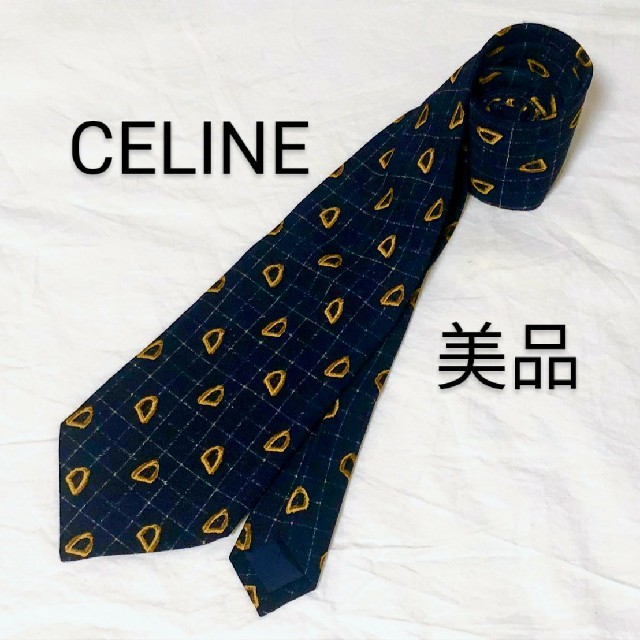 celine(セリーヌ)の美品 CELINE PARIS ネクタイ ネイビー チェック シルク スペイン製 メンズのファッション小物(ネクタイ)の商品写真