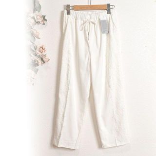 SALE 新品 M レース クロップドパンツ ウエストゴム 綿 レディース/白(クロップドパンツ)