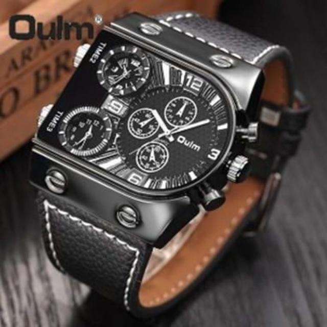 新品■存在感抜群！腕時計 3アナログタイムゾーン oulm 本革黒ベルト 腕時計