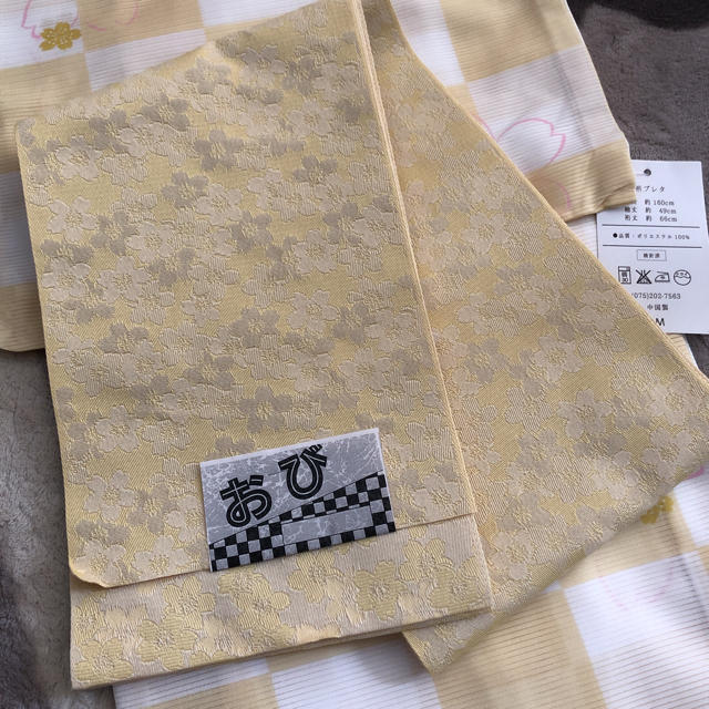 絽プレタ黄色系市松桜柄浴衣　単衣半幅帯のセット未使用 3