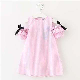 子供ワンピース　女の子レースドレス　女の子夏ドレス　リボン　子供服　ピンク(ワンピース)