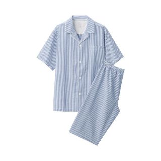 ムジルシリョウヒン(MUJI (無印良品))の無印良品脇に縫い目のない　サッカー織り半袖パジャマ 紳士Ｍ・ブルー×ストライプ(その他)